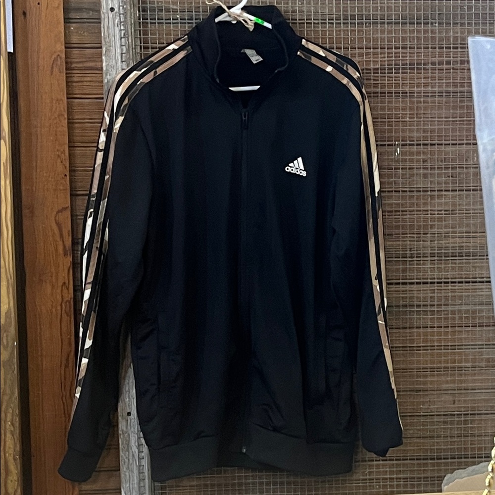 Adidas Men's Black Windbreaker with Metallic Stripes